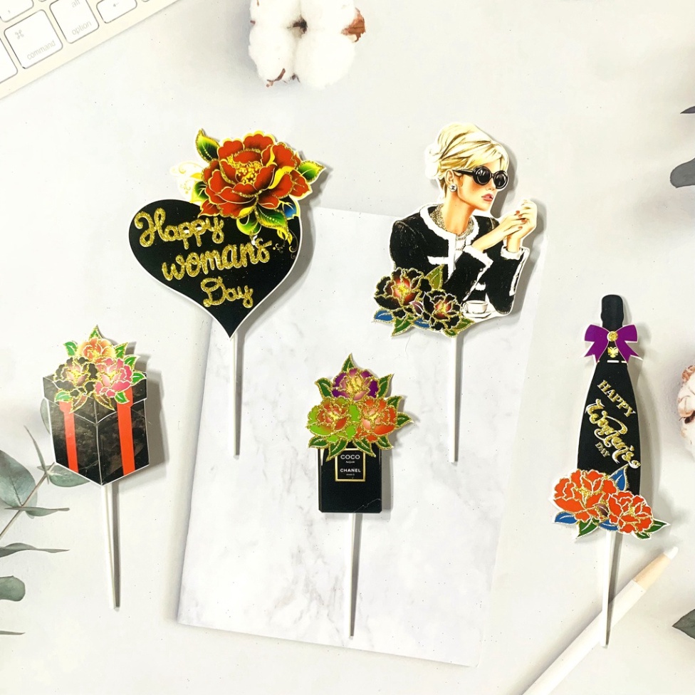 Phụ Kiện Bánh Sinh Nhật  topper cắm happy woman's day nhũ