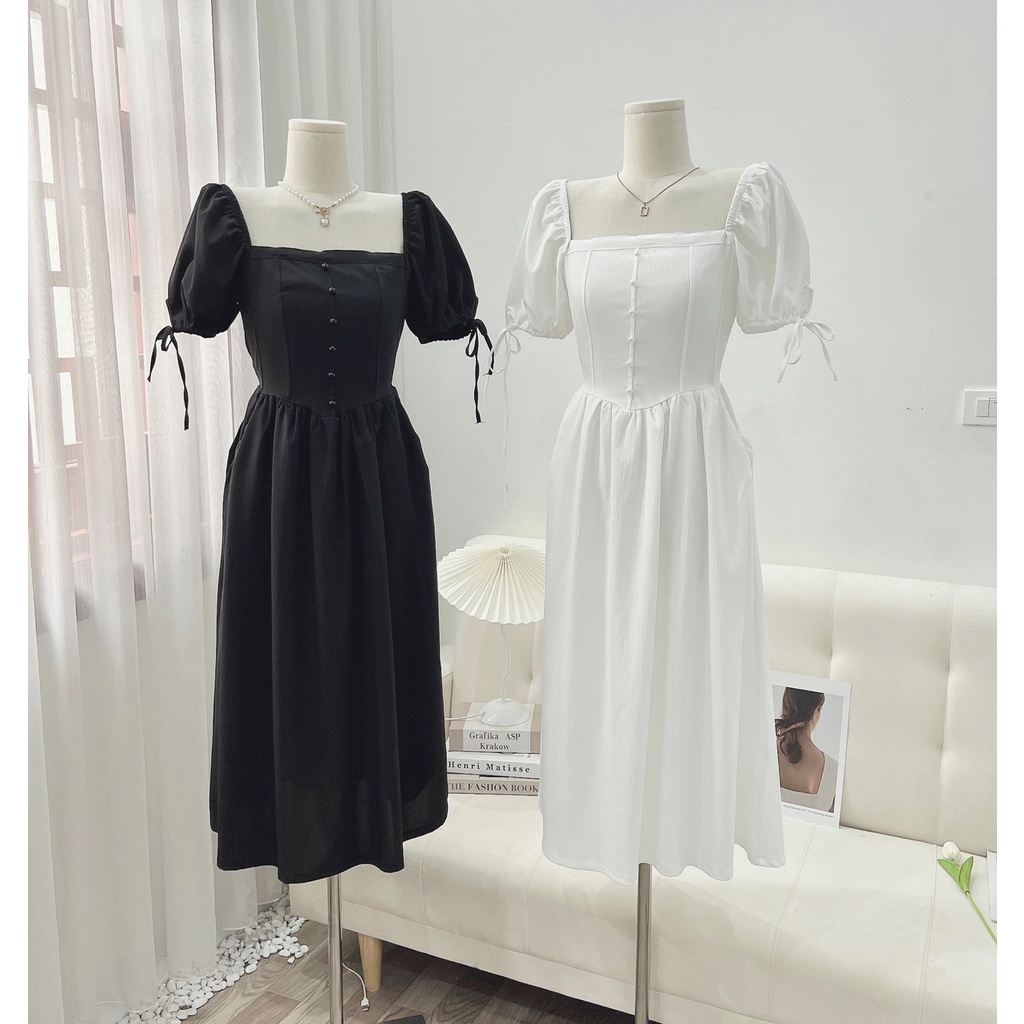 Váy Maxi Đũi Ly Ngực Khuy Ngọc Tay Thắt Nơ siêusiêu Hot 2 Màu Đen, Trắng