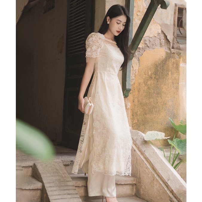 Áo dài cách tân nữ thiết kế ren nơ cài xinh xắn