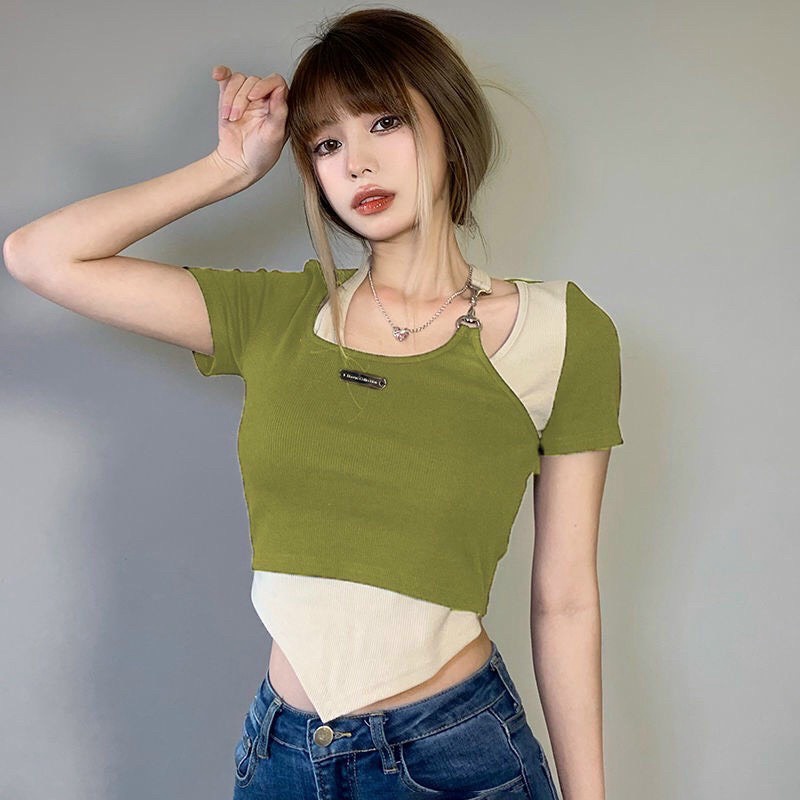 Áo Croptop Nữ Phối Màu Gắn Dây Vải Cotton Co Giãn Tốt Phong Cách Trẻ Trung Năng Động NEW UNISEX
