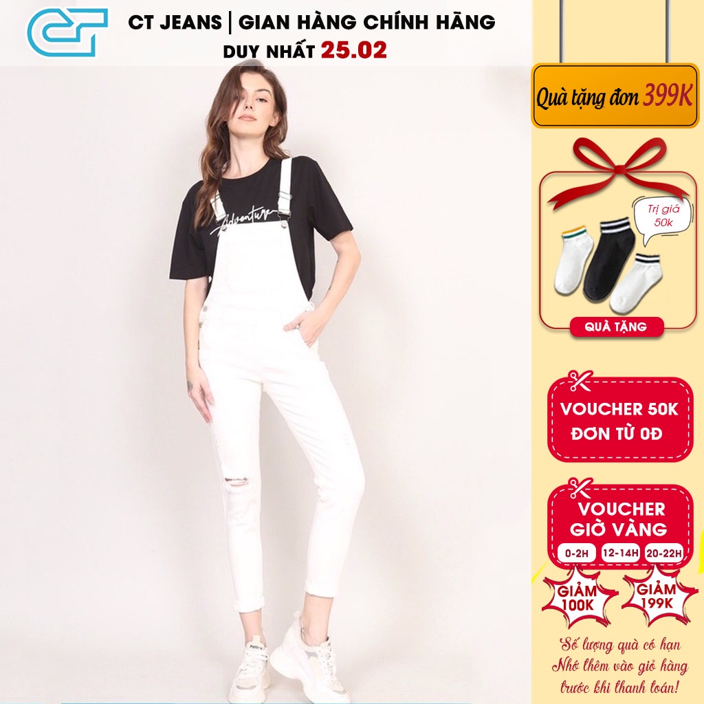 Quần yếm nữ rách gối màu trắng chất jean cao cấp co giãn 4 chiều CP25, CT JEANS