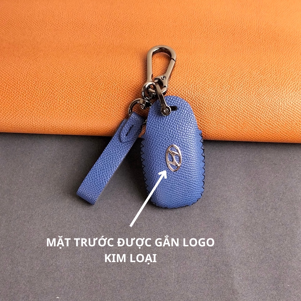 Bao da móc khoá bọc chìa khoá smartkey xe ô tô Hyundai Santafe Accent Kona da bò handmade móc đen HC
