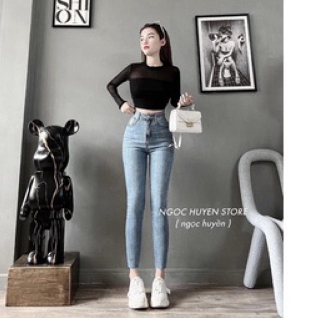 Set jeans dài co giãn trơn + áo lưới tay dài