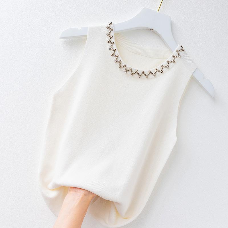 Áo sweater Không Tay Màu Trắng Đính Hạt Phong Cách Thời Trang Mới 2023