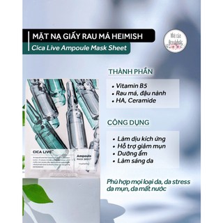 Mặt nạ rau má Heimish Cica Live Ampoule Mask Sheet