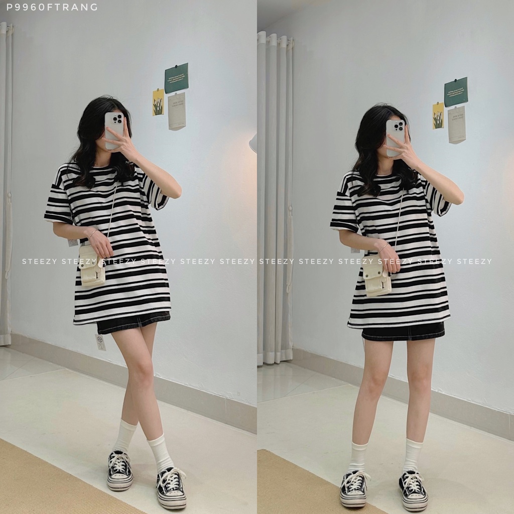 [P9960] Áo phông cotton dày kẻ ngang to nhỏ (Có sẵn/ảnh thật)