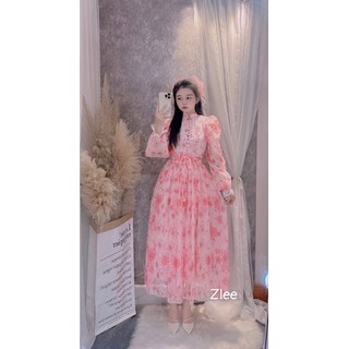 Váy tơ hoa cổ tàu cúc bọc dáng dài (Ảnh thật) - V027