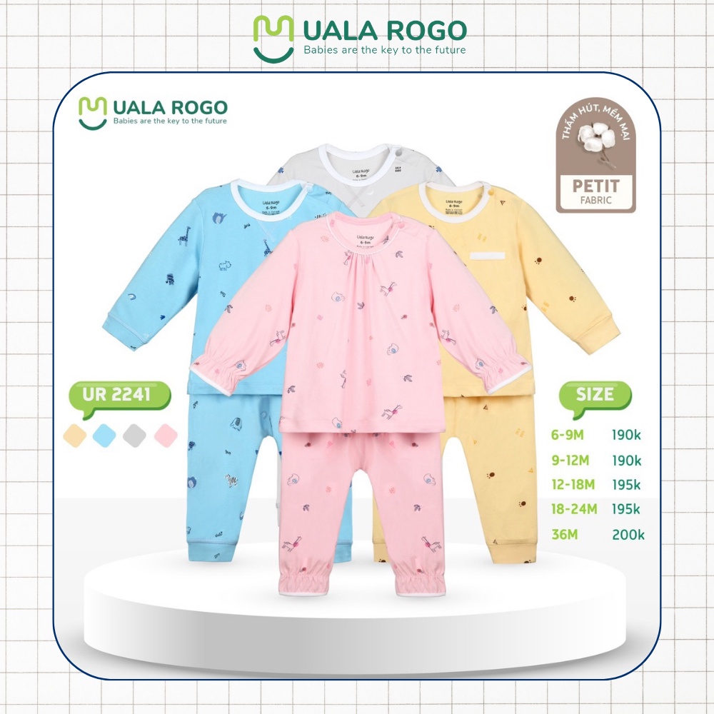 Bộ quần áo dài tay mỏng Ualarogo 6 tháng - 3 tuổi vải Petit mềm co giãn cúc vai cổ tròn giữ ấm 2241