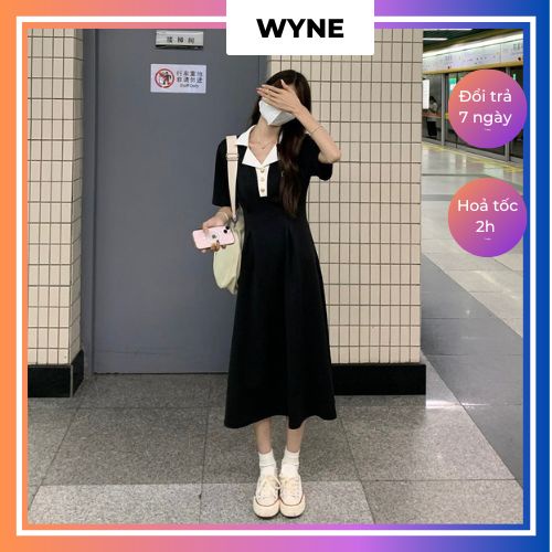Đầm/ váy polo dáng dài ôm eo Wyne đen tay ngắn, váy đen chiết eo phong cách Hàn Quốc