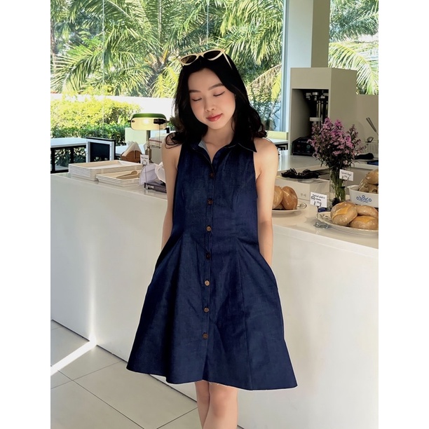Đầm Jean Sát Nách OLARI Cổ Sơ Mi Rách Lai - OL271 - Amy Denim Dress