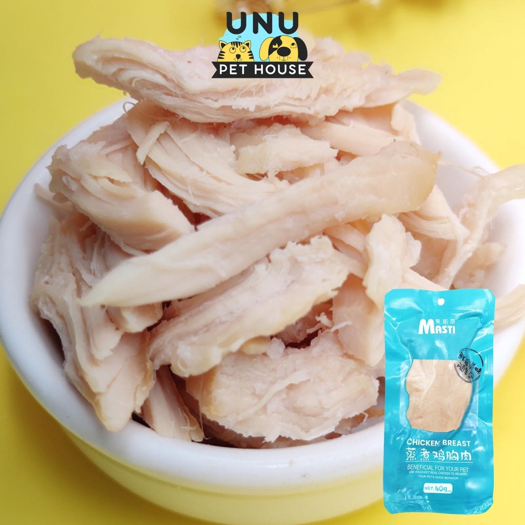 Ức gà ăn liền cho chó mèo được hấp lên từ thịt gà tươi, gói 40gr – UNU Pet House