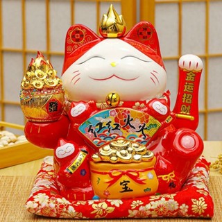 Mèo thần tài cao 30cm, mèo hồng phúc đỏ 30cm, neko maneki vẫy tay chiêu tài, chiêu lộc kèm đệm