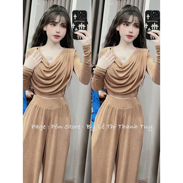 Áo Thun Nhũ Cổ Đổ Croptop Tay Dài Cực Xịn