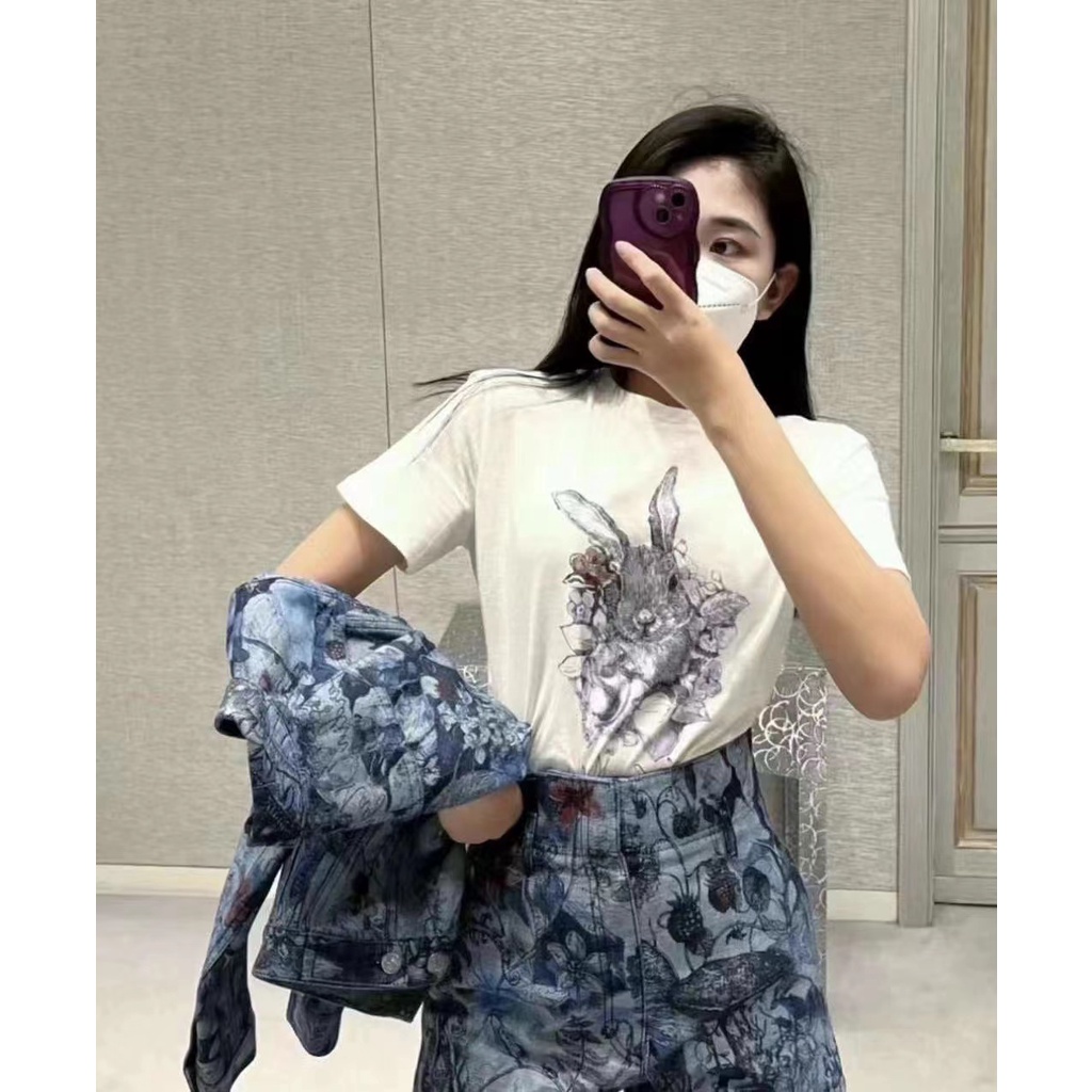 Áo Thun Cotton Lanh In Họa Tiết Dior Jardin Magique