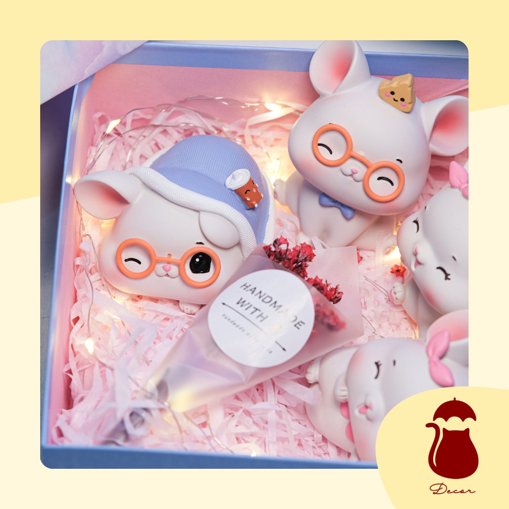 Set mô hình 4 chú chuột trắng Ô DECOR, tượng chuột decor mini để bàn màu trắng full biểu cảm đáng yêu dễ thương