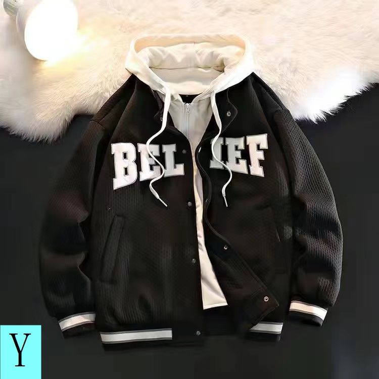 Áo Khoác Bóng Chày Giả Hai Lớp Có Mũ Trùm Thời Trang Mùa Xuân Thu Giản Dị Phong Cách Hàn Quốc