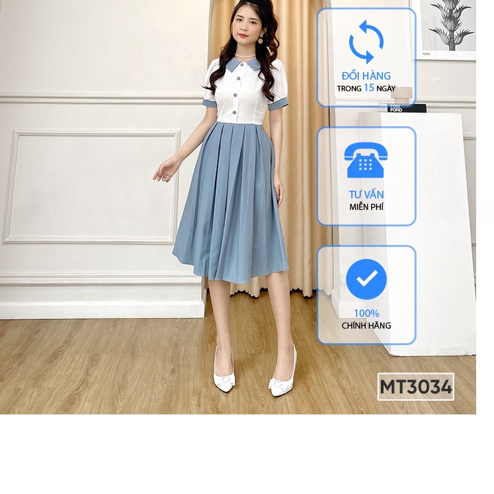 (2HAND) Đầm suông cổ thủy thủ phối 2 màu BEMINE MT3034XANH