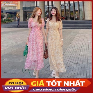 Váy Nữ Xòe Dáng Dài Hoa Tơ Cổ Vuông Tay Bồng V3079 - Violet