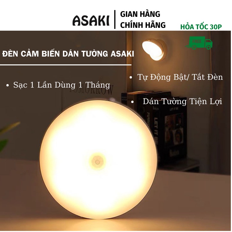 Đèn Cảm Biến ASAKI Đèn Led Tròn Cảm Ứng Chuyển Động Tự Động Sáng Dán Tường Sạc USB