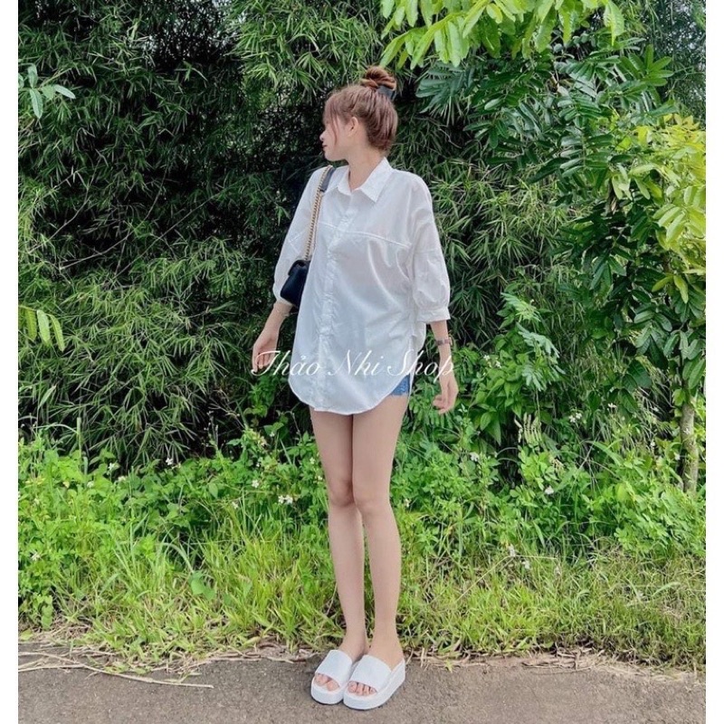 Áo sơ mi vạt tôm tay lỡ 2 màu