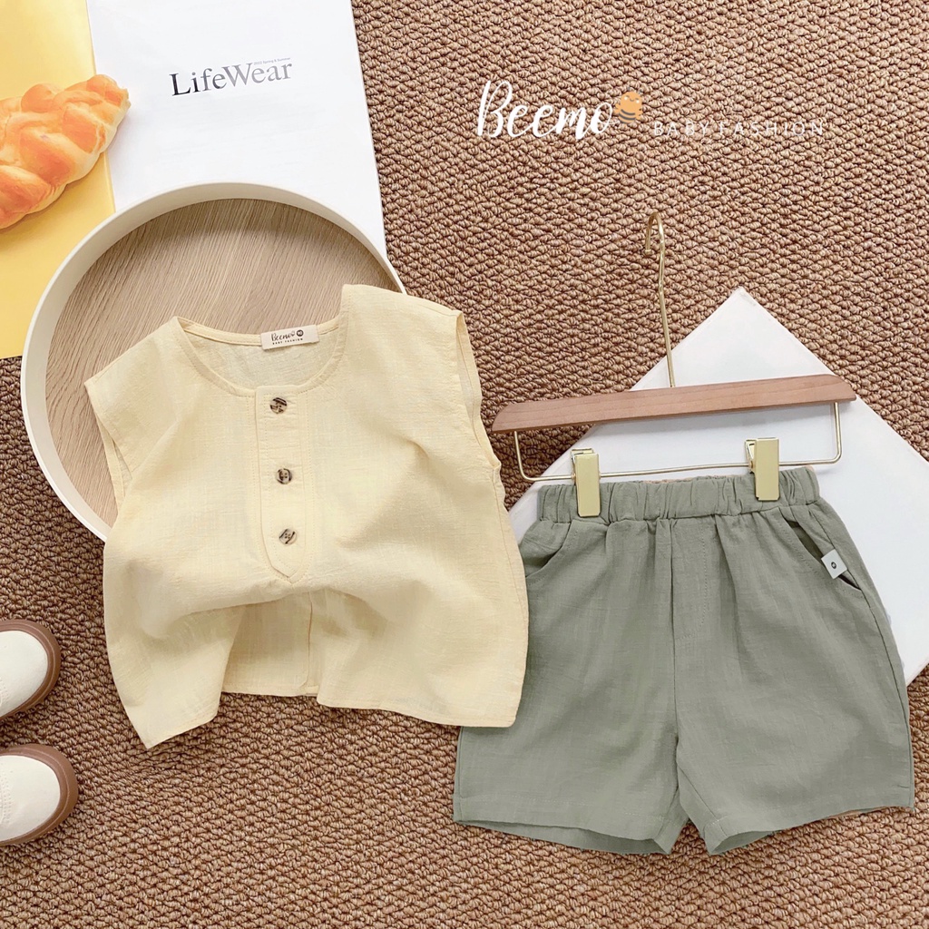 Set bộ ba lỗ Beemo may cúc gỗ chất liệu linen thấm hút mồ hôi tốt mặc đi chơi, vận động cho bé từ 1 - 7 tuổi 23166B