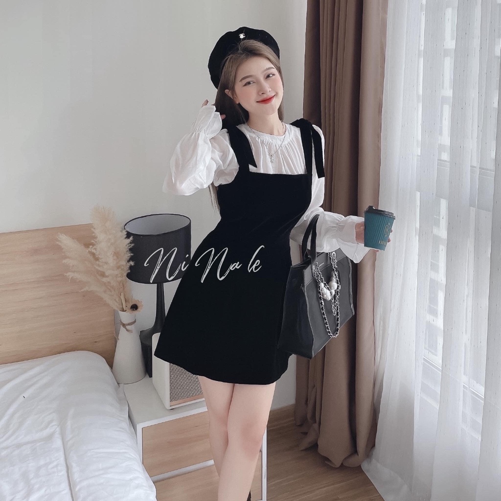 Set Váy, Áo Sơ Mi Lụa Tay Dài Mix Cùng Yếm Thắt Nơ Chất Umi Co Giãn Phù Hợp Nhiều Lứa Tuổi