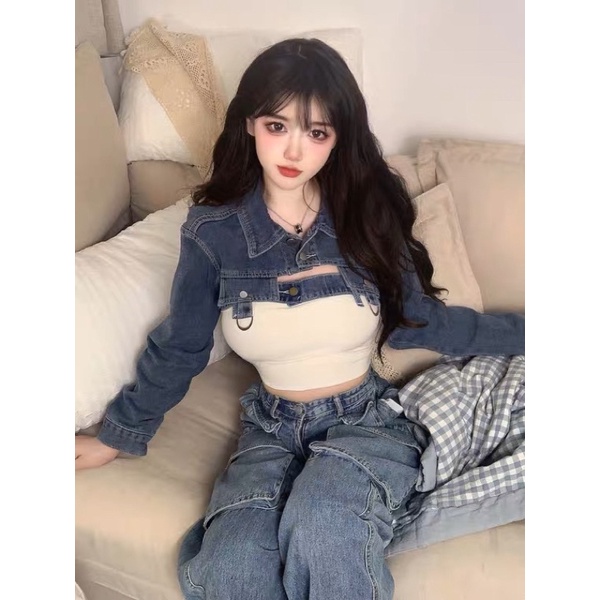 Set áo croptop jean + áo ống phối jean chất chơi