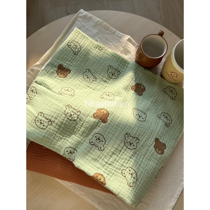 Vải Muslin Họa Tiết Gấu Xanh Mint Nhà Vải Linen Thoáng Mát Mềm Mịn Bền Đẹp Phù Hợp Cho Nhiều Độ Tuổi