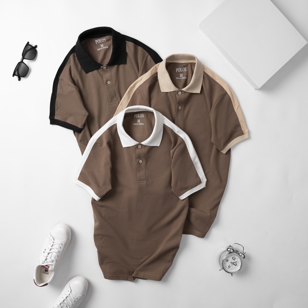 Áo thun POLO nam màu Nâu vải cá sấu cotton cvc, phối vai 3 màu trắng, be, đen thoáng mát lịch sự