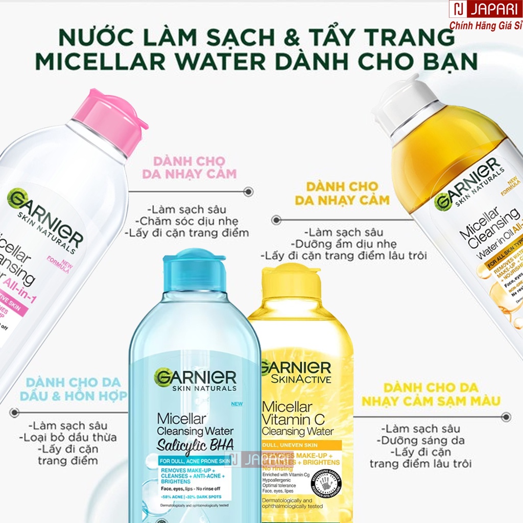 Nước Tẩy Trang Garnier Micellar Vàng Dầu /Xanh/Hồng Da Dầu Mụn,Nhạy Cảm,Khô 400ml/50ml Mini -Dầu Tẩy Trang Ganier JAPARI