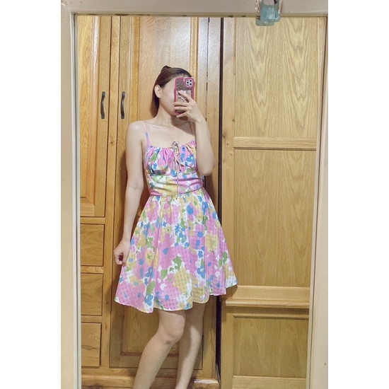 Đầm hoa xoè cột nơ cutout hở lưng