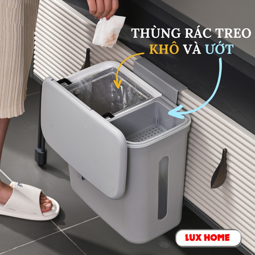 Thùng rác nắp lật treo bếp 12L chia ngăn đựng rác khô và uớt kèm rổ lọc rác LUXHOME