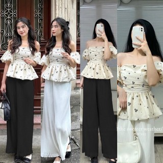 Set áo peplum hoa bẹt vai kèm quần ống rộng