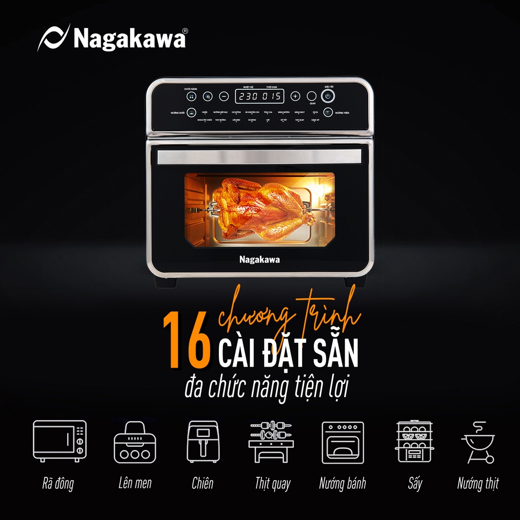 Lò Chiên Không Dầu Nagakawa NAG3308,Dung Tích 16L, Công Suất 1600W, Bảo Hành Chính Hãng 12 Tháng