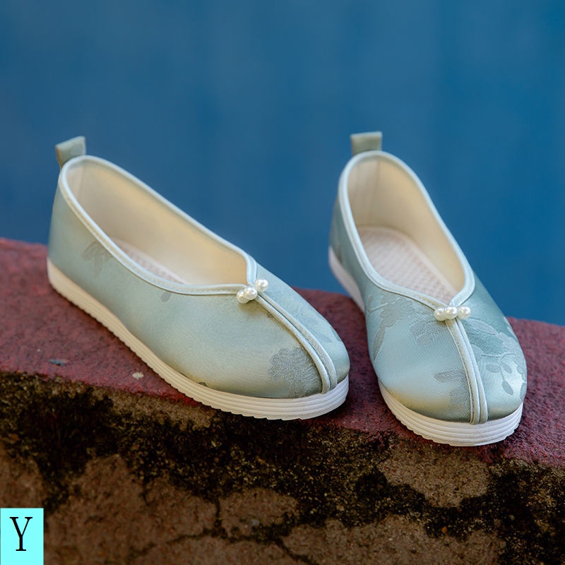 Giày Búp Bê Vải Mũi Tròn Thêu Họa Tiết Đính Ngọc Trai Phong Cách Trung Hoa