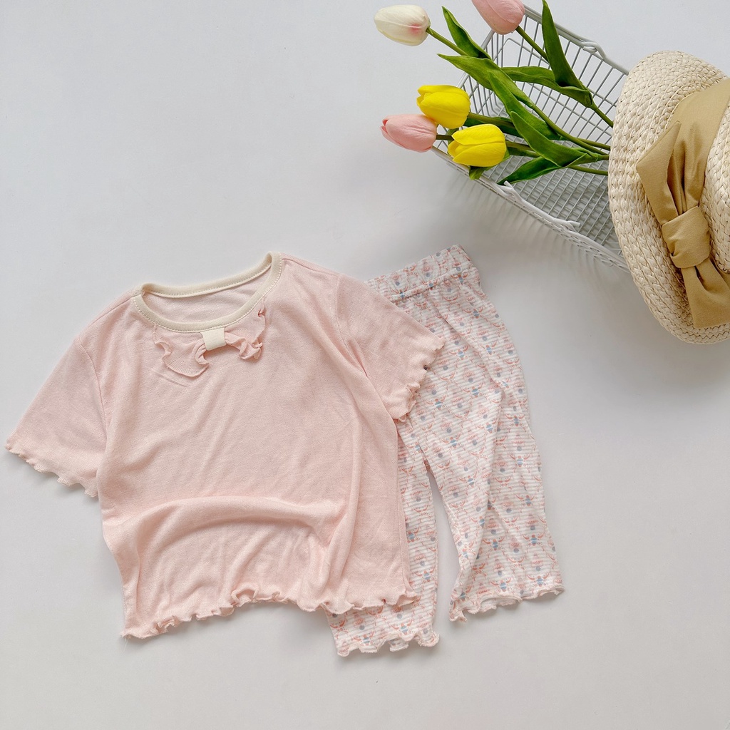 Bộ cộc tay họa tiết phối viền nơ cho bé Minium, Bộ quần áo trẻ em cotton thu hè, miniumbabyfashion SB1430, SB1466