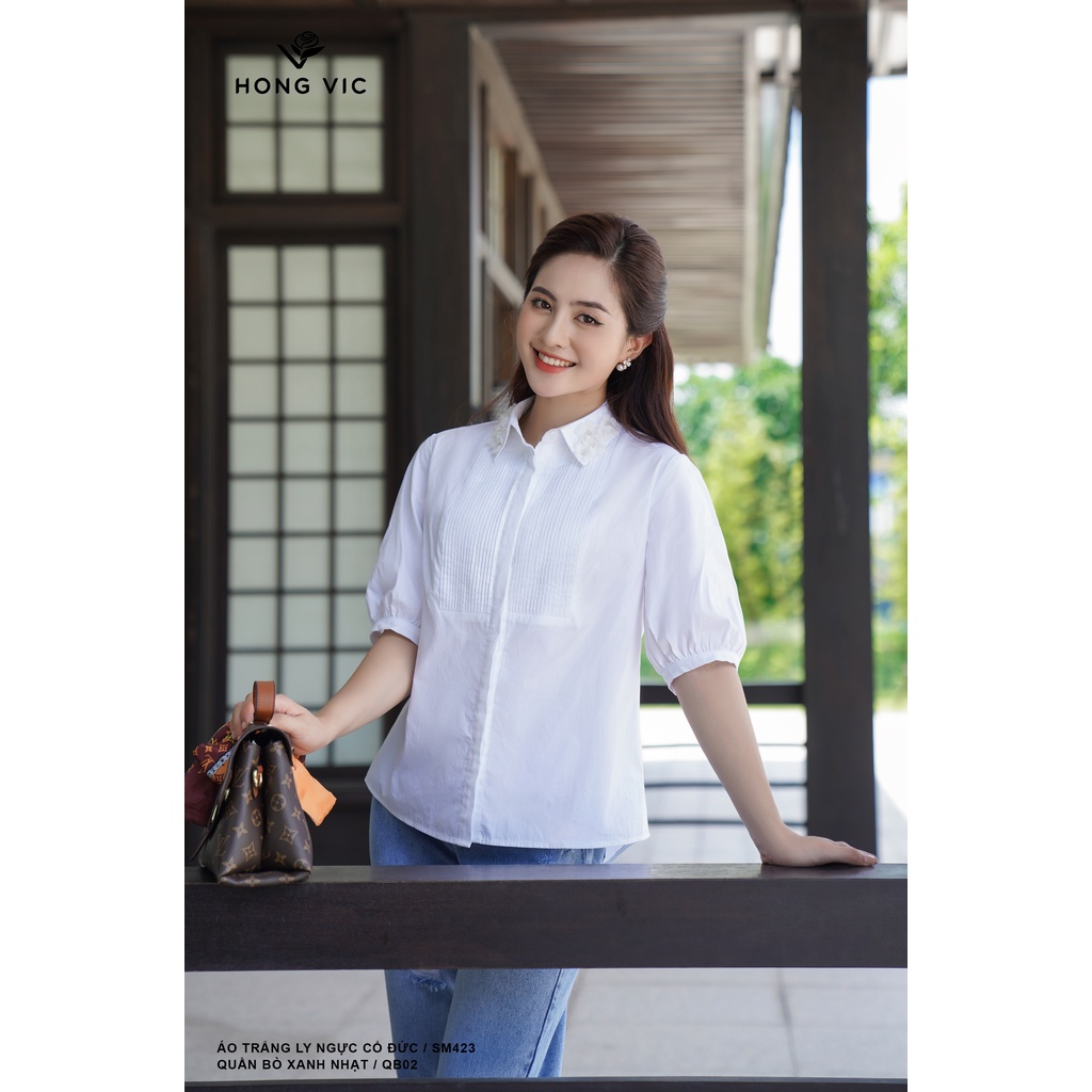 Áo sơ mi trắng nữ thiết kế ly ngực cổ đức SM423