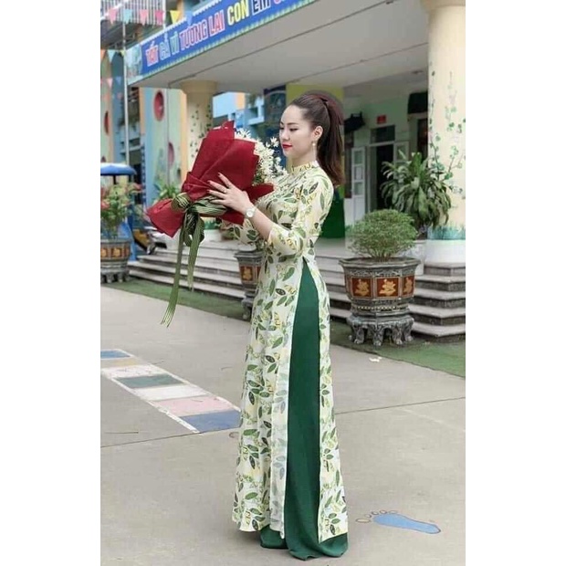 Áo dài nữ lụa Nhật MINH KHANG quần xanh lá cây in 6D may sẵn thiết kế đẹp trẻ trung