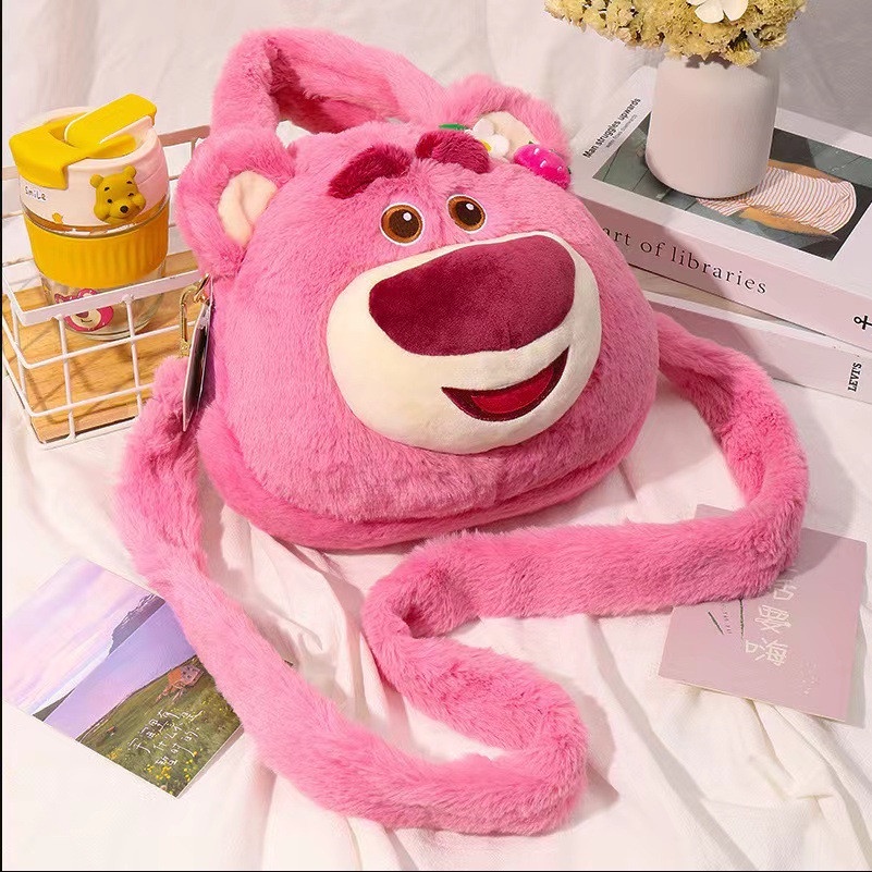 Túi xách đeo vai phủ lông họa tiết Gấu Dâu Lotso đáng yêu cỡ lớn 25cm cho nữ _ Ting Ting