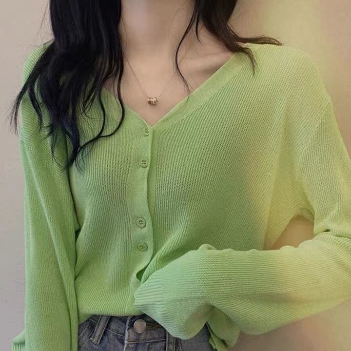Jiashucheng Áo Khoác Sweater Dệt Kim Lụa Lạnh Mỏng Tay Dài Phong Cách Mới Mùa Hè Cho Nữ