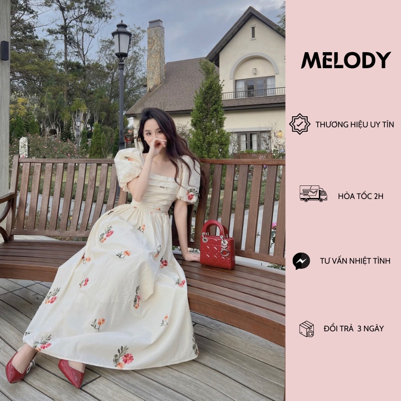 Váy Đầm Midi Hoa Xếp Ly Ngực Cổ Vuông Tay Bồng Dáng Xòe Dài Họa Tiết Hoa Đỏ Đi Biển, Đi Chơi Cực Nổi