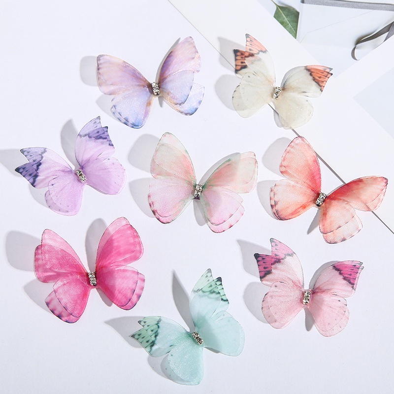 Set 100 bướm vải voan 2 lớp đính đá bướm voan 3D