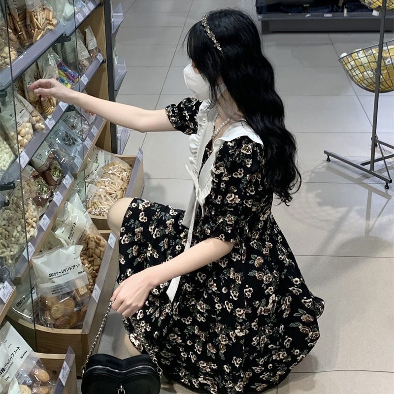 Đầm Ngắn Cổ Thủy Thủ Màu Đen Họa Tiết Hoa Xinh Xắn Thời Trang Mùa Hè Theo Phong Cách Pháp