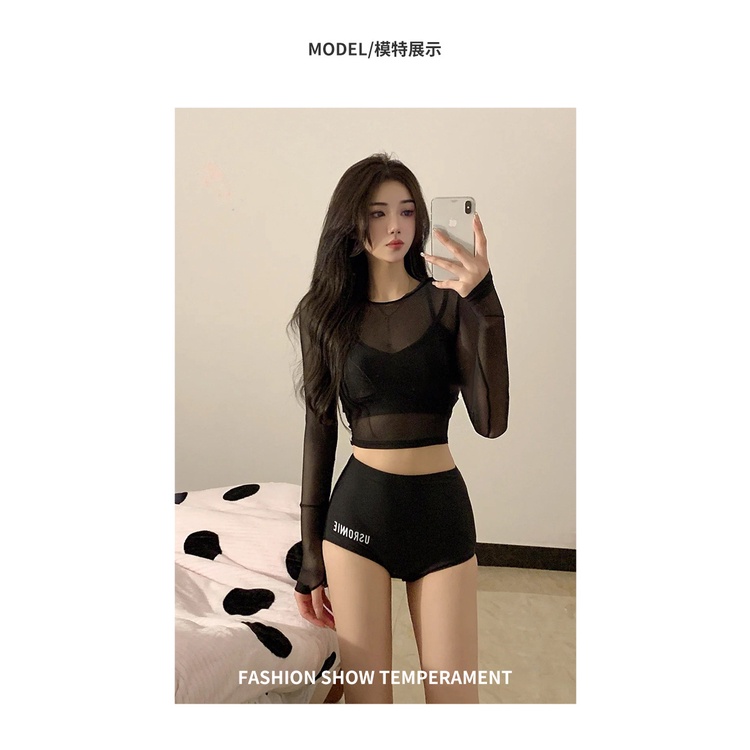 Bikini áo tắm 2 mảnh dài tay phối ren đen sexy phối chữ cá tính