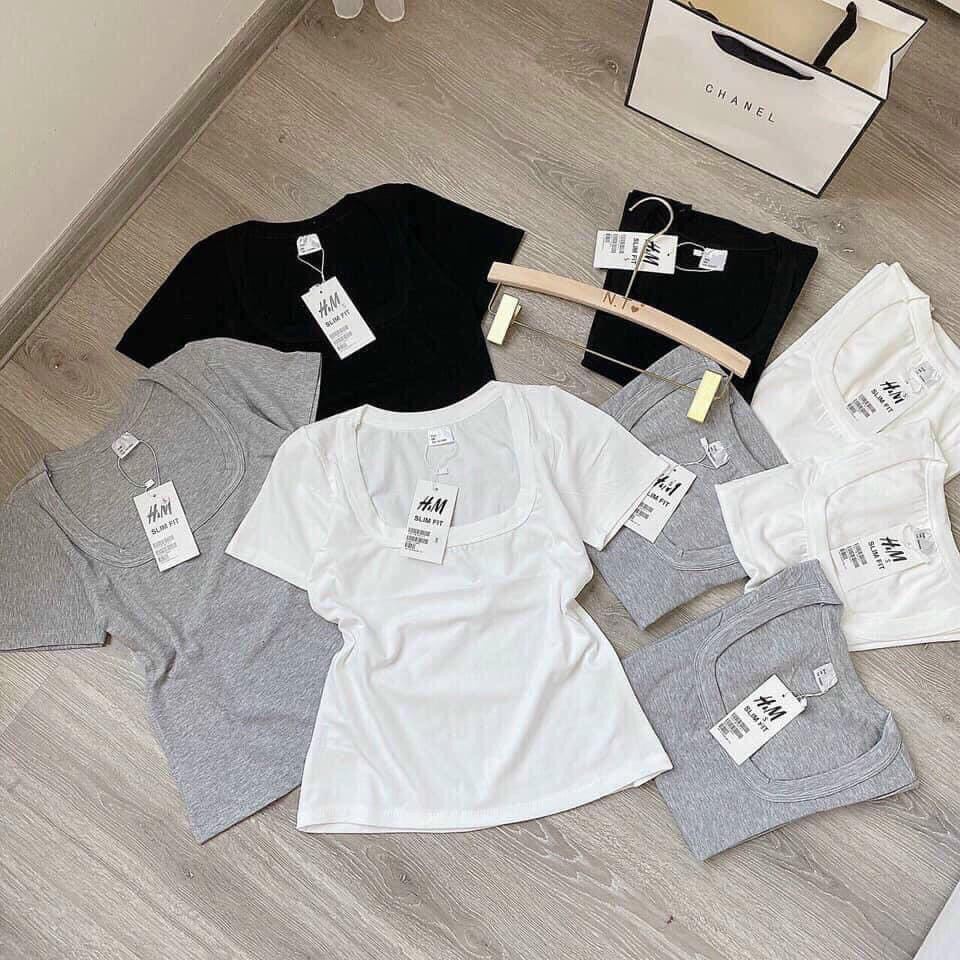 Áo thun croptop HM ZA.RA xuất dư cổ vuông basic cơ bản năng động trẻ trung đen trắng full tag ảnh thật