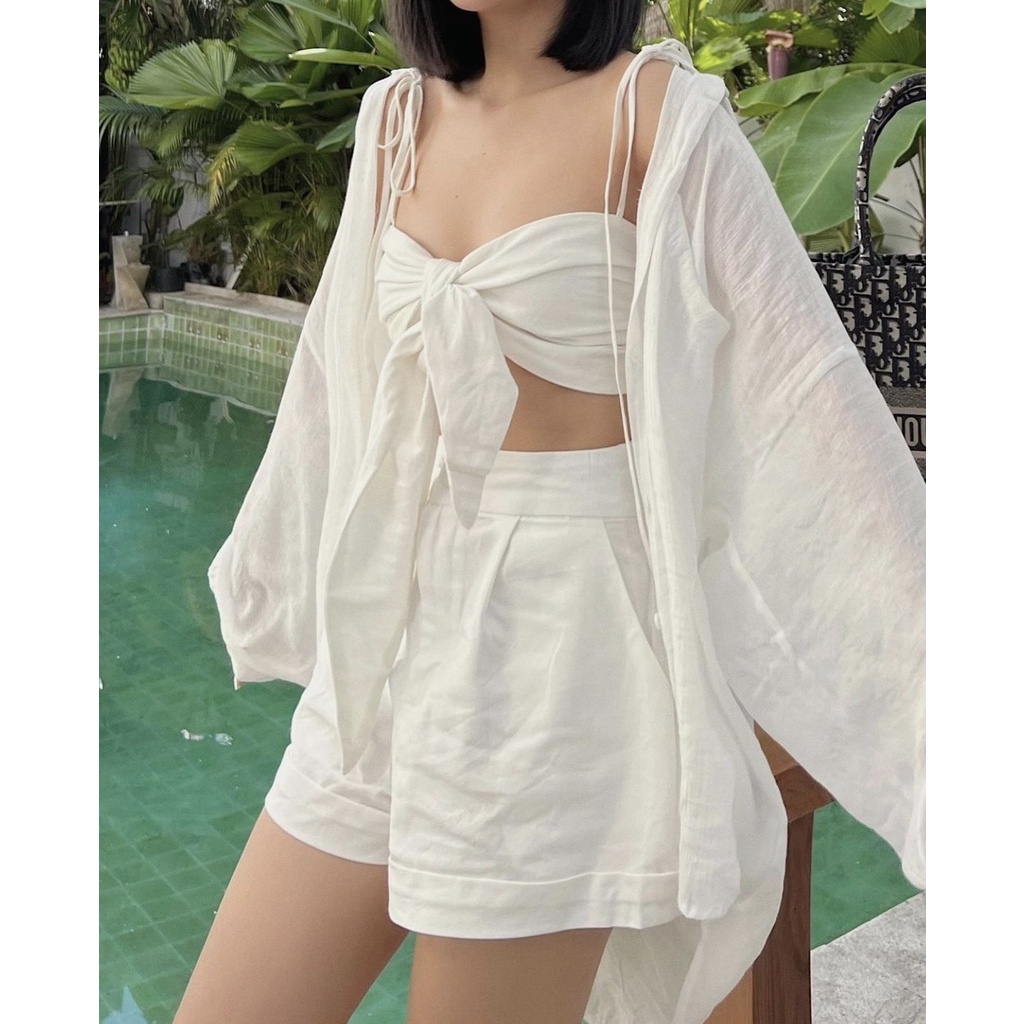 SÉT 3 MÓN ĐI BIỂN KHOÁC SƠ MI KÈM BRA CỘT NƠ SHORT