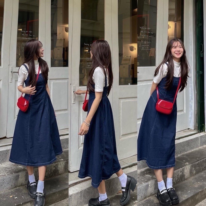 Set váy đầm nữ bò dáng dài phối áo thun cổ tròn tay bồng freesize chun lưng tiểu thư hàn quốc Ylydress C1389