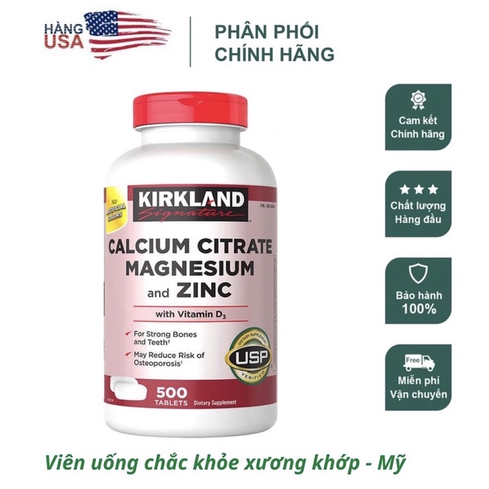VIÊN UỐNG KIRKLAND SIGNATURE CALCIUM CITRATE MAGNESIUM AND ZINC chai 500 viên