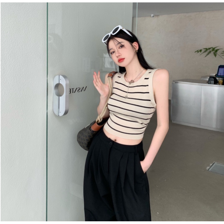 QADCOL Áo Dệt Kim Hai Dây Dáng Ôm Họa Tiết Kẻ Sọc Thời Trang Mùa Hè Cho Nữ