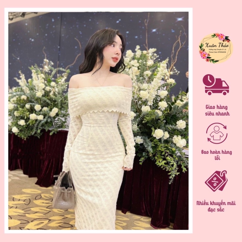 Đầm Váy Body Nhung Ren Trễ Vai Thiết Kế Dự Tiệc,Đầm Váy Maxi Sang Chảnh Tay Dài Hàng Quảng Châu, Mã Số A02